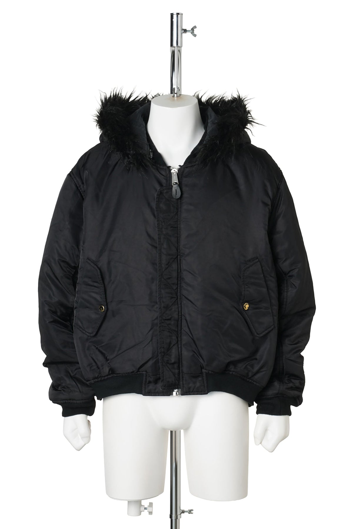 FUR HOODED SIDE ZIPPER COTTON BOMBER JACKET (SUN FADED) / BLACK