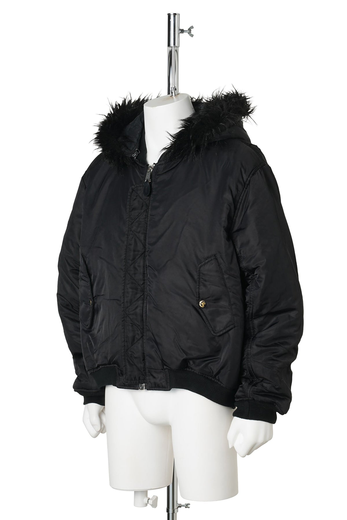 FUR HOODED SIDE ZIPPER COTTON BOMBER JACKET (SUN FADED) / BLACK