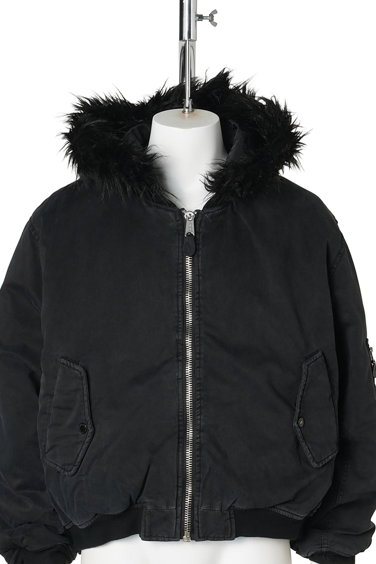FUR HOODED SIDE ZIPPER COTTON BOMBER JACKET (SUN FADED) / BLACK