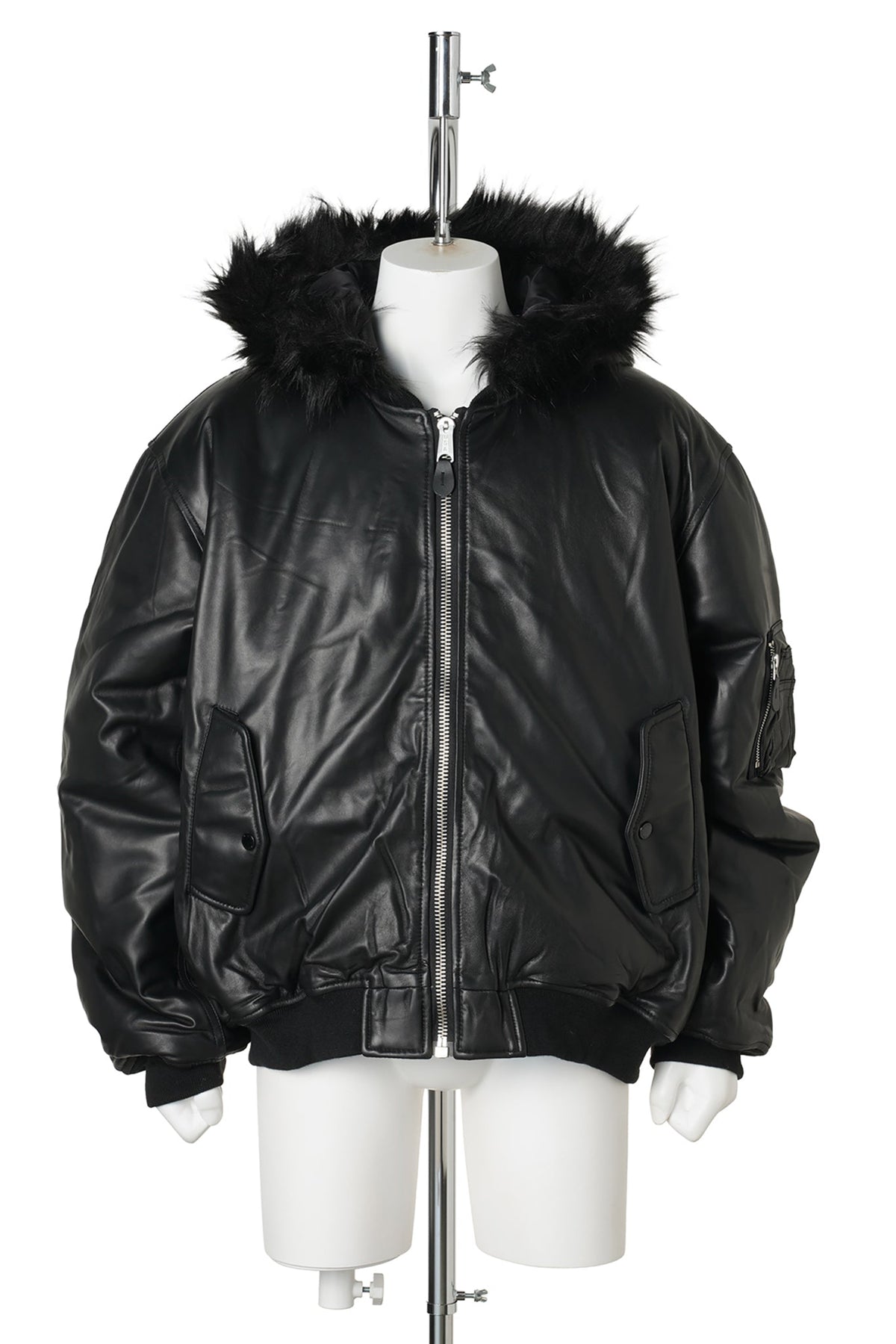 FUR HOODED SHEEP LEATHER BOMBER JACKET / BLACK