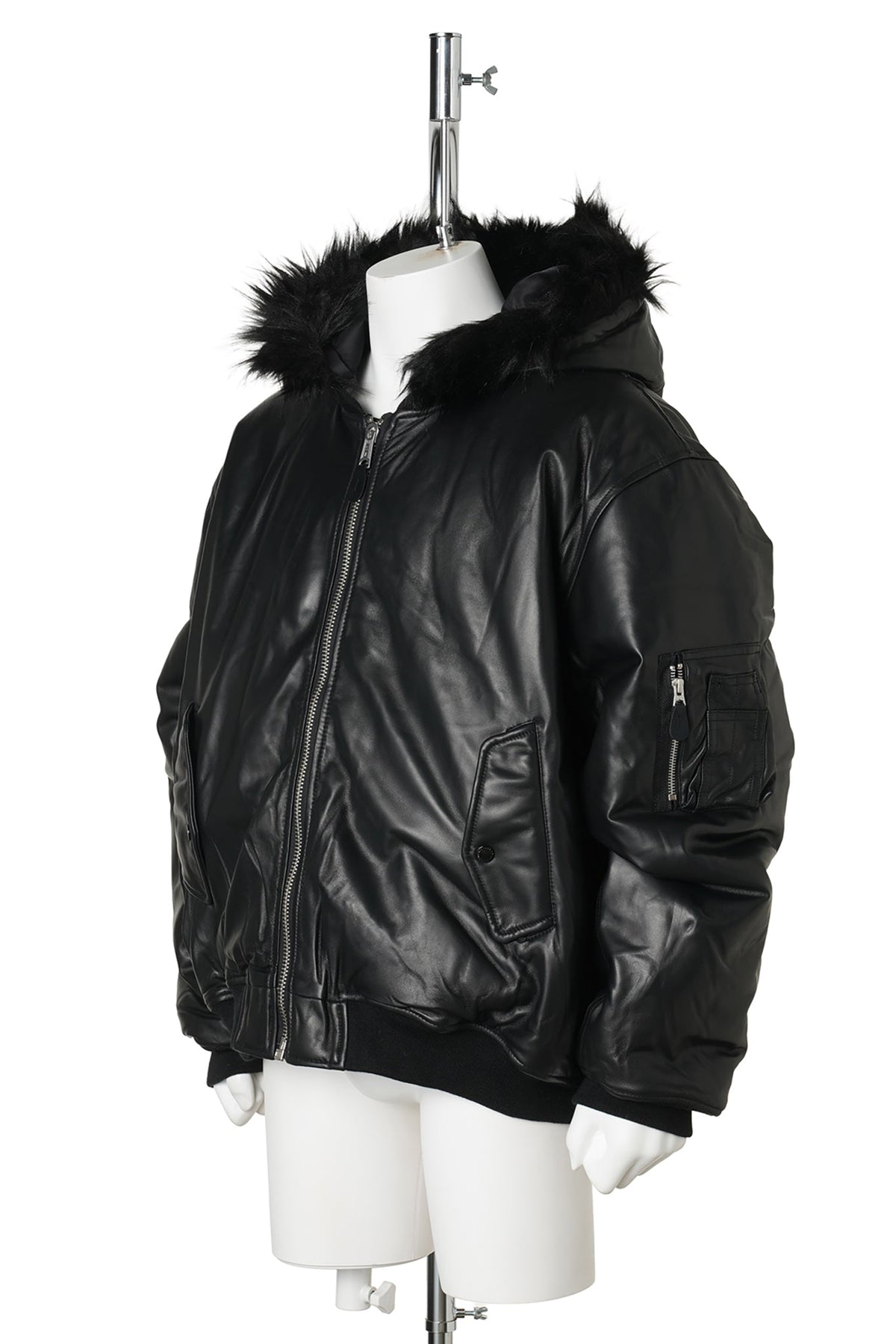 FUR HOODED SHEEP LEATHER BOMBER JACKET / BLACK