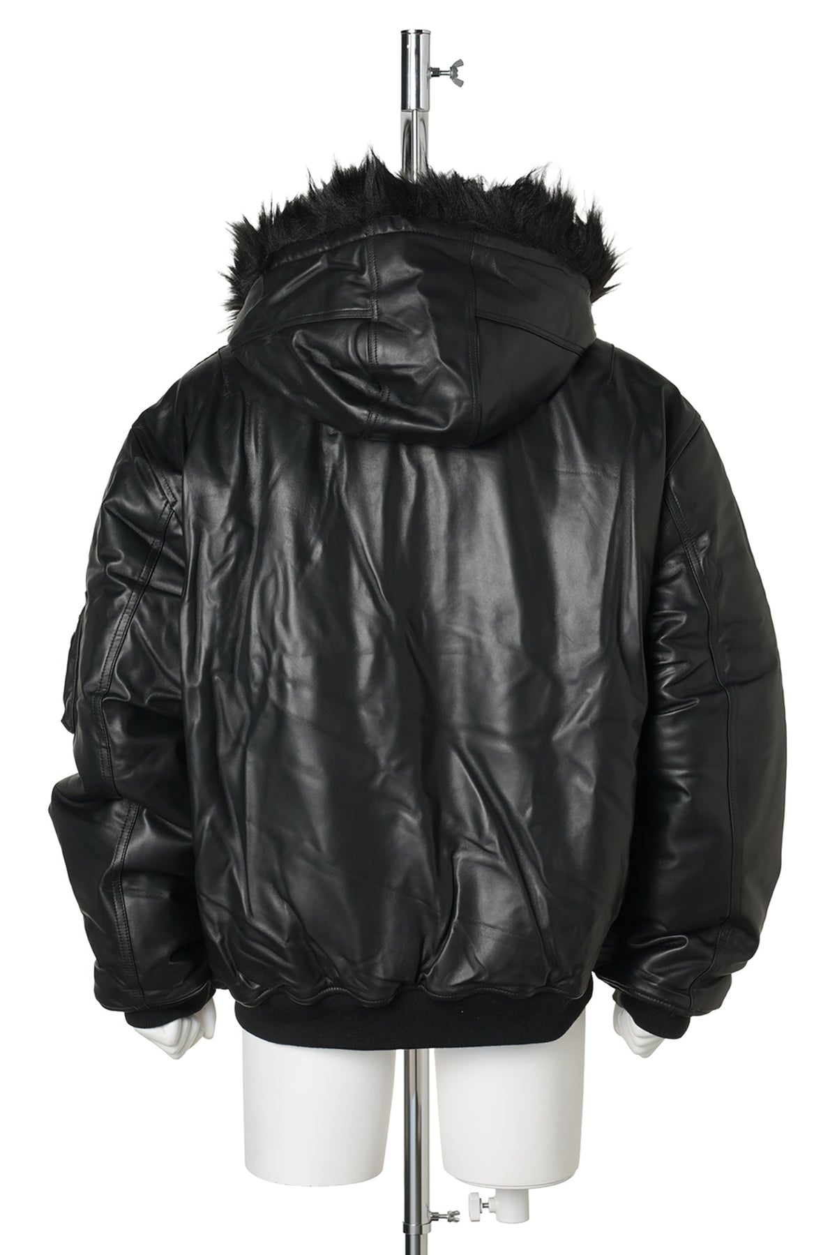 FUR HOODED SHEEP LEATHER BOMBER JACKET / BLACK