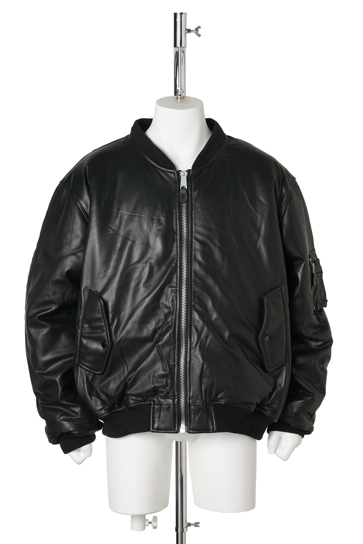 FUR HOODED SHEEP LEATHER BOMBER JACKET / BLACK