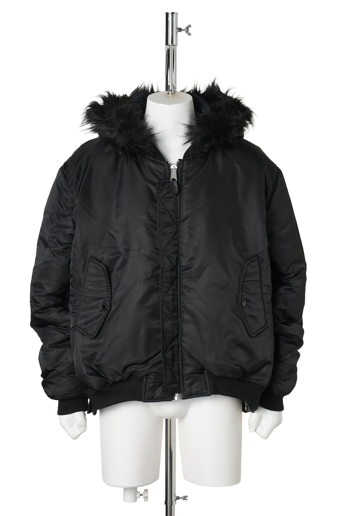 FUR HOODED SHEEP LEATHER BOMBER JACKET / BLACK