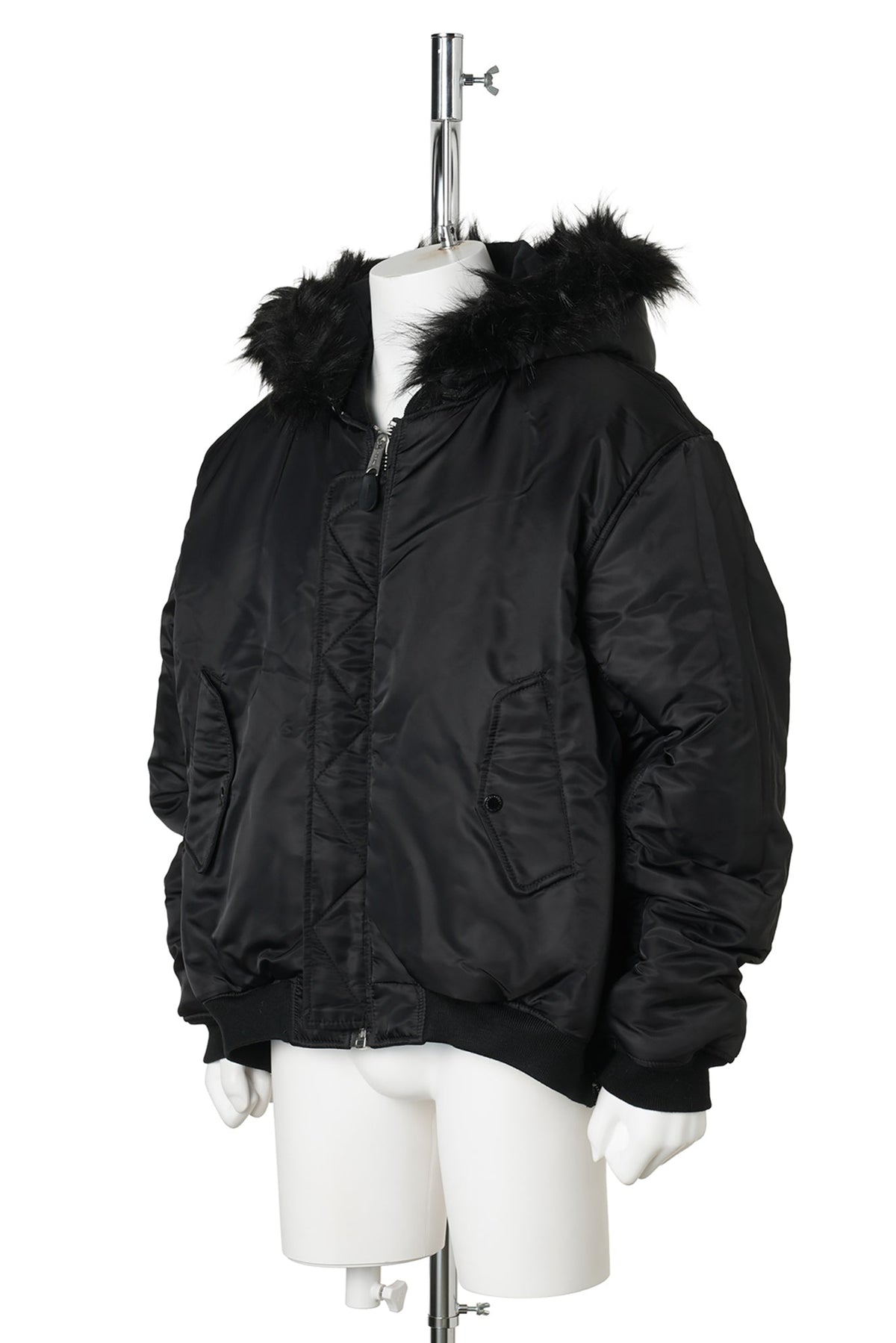 FUR HOODED SHEEP LEATHER BOMBER JACKET / BLACK