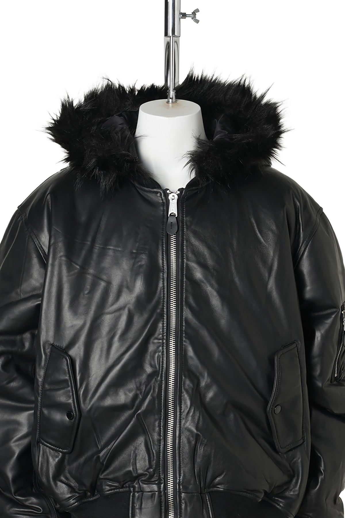FUR HOODED SHEEP LEATHER BOMBER JACKET / BLACK