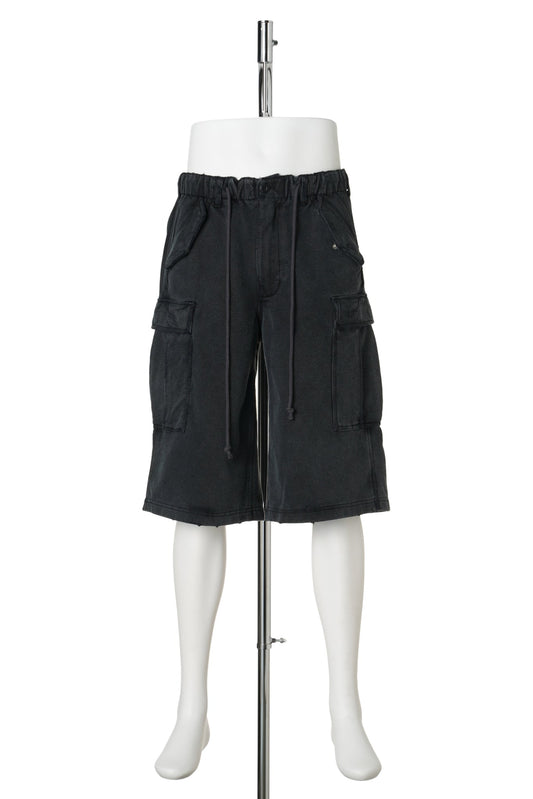 DISTRESSED SWEAT CARGO SHORT PANTS / BLACK