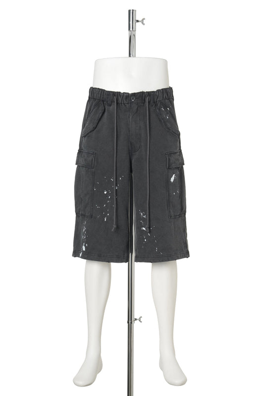 PAINTED DISTRESSED SWEAT CARGO SHORTS / BLACK