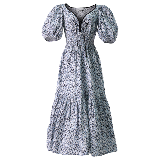 PRINTED COTTON LONG SMOCK DRESS / 561:GLACIER LAKE