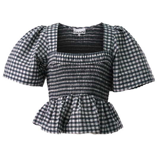 SEERSUCKER CHECK OPEN-NECK SMOCK BLOUSE / 135:EGRET