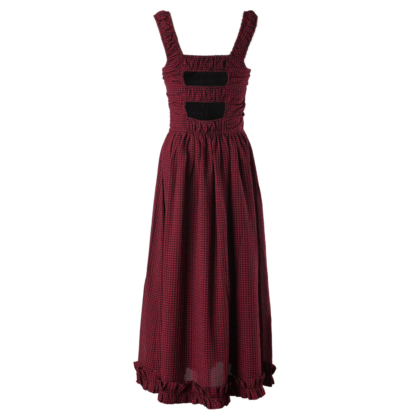 SHEER FLUID CHECK MIDI STRAP SMOCK DRESS / 047:WINERY