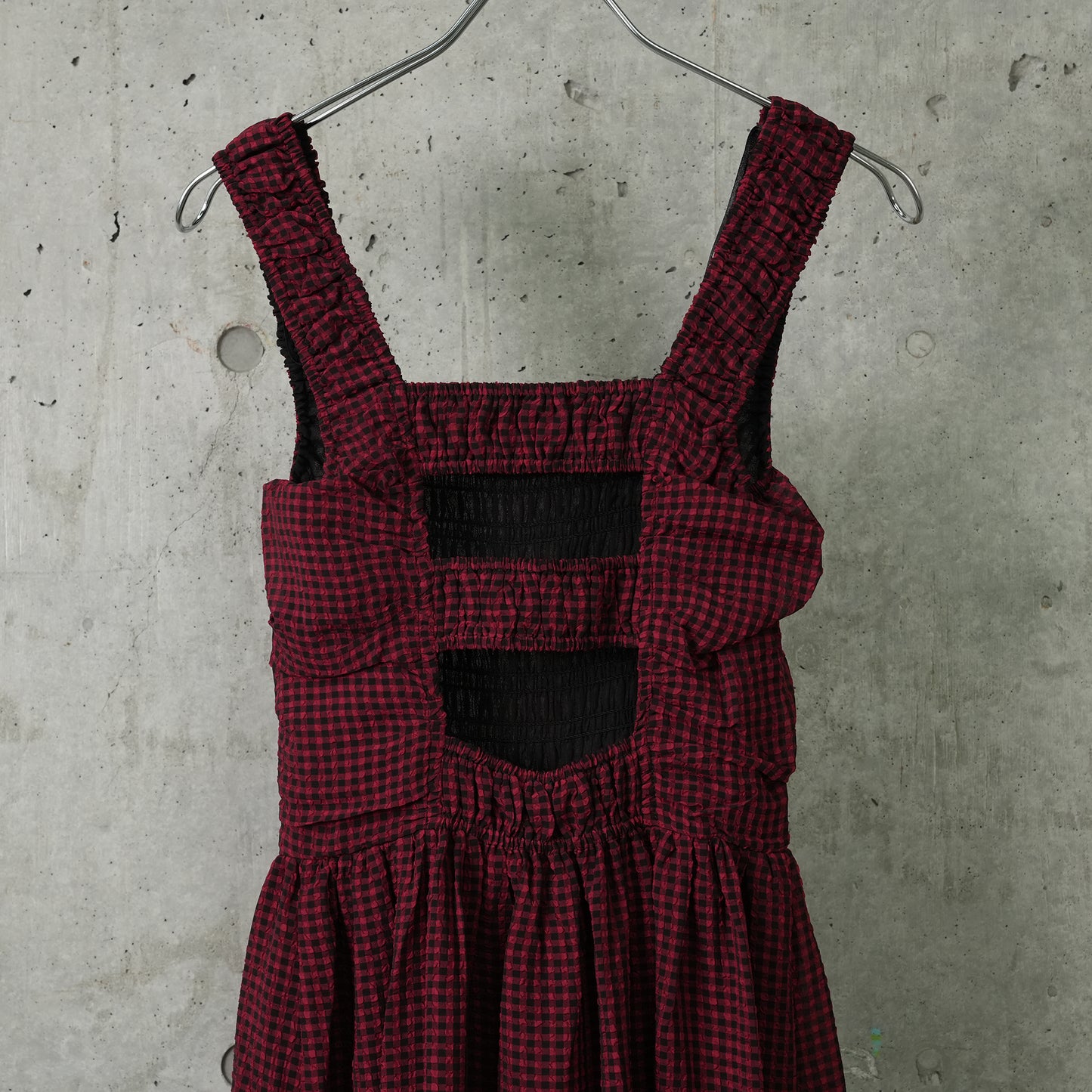 SHEER FLUID CHECK MIDI STRAP SMOCK DRESS / 047:WINERY