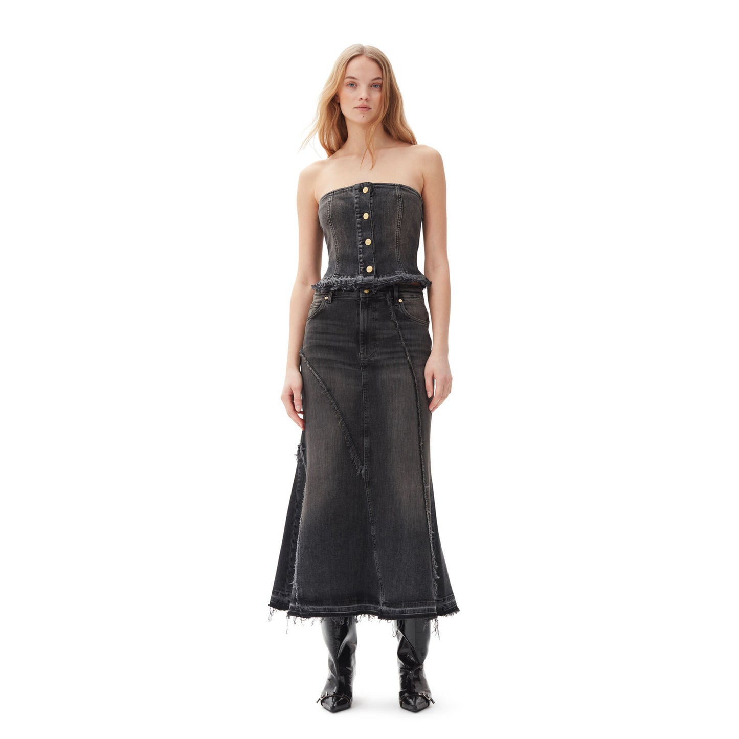 TINT EDGE DENIM LONG SKIRT / 006:WASHED BLACK/BLACK