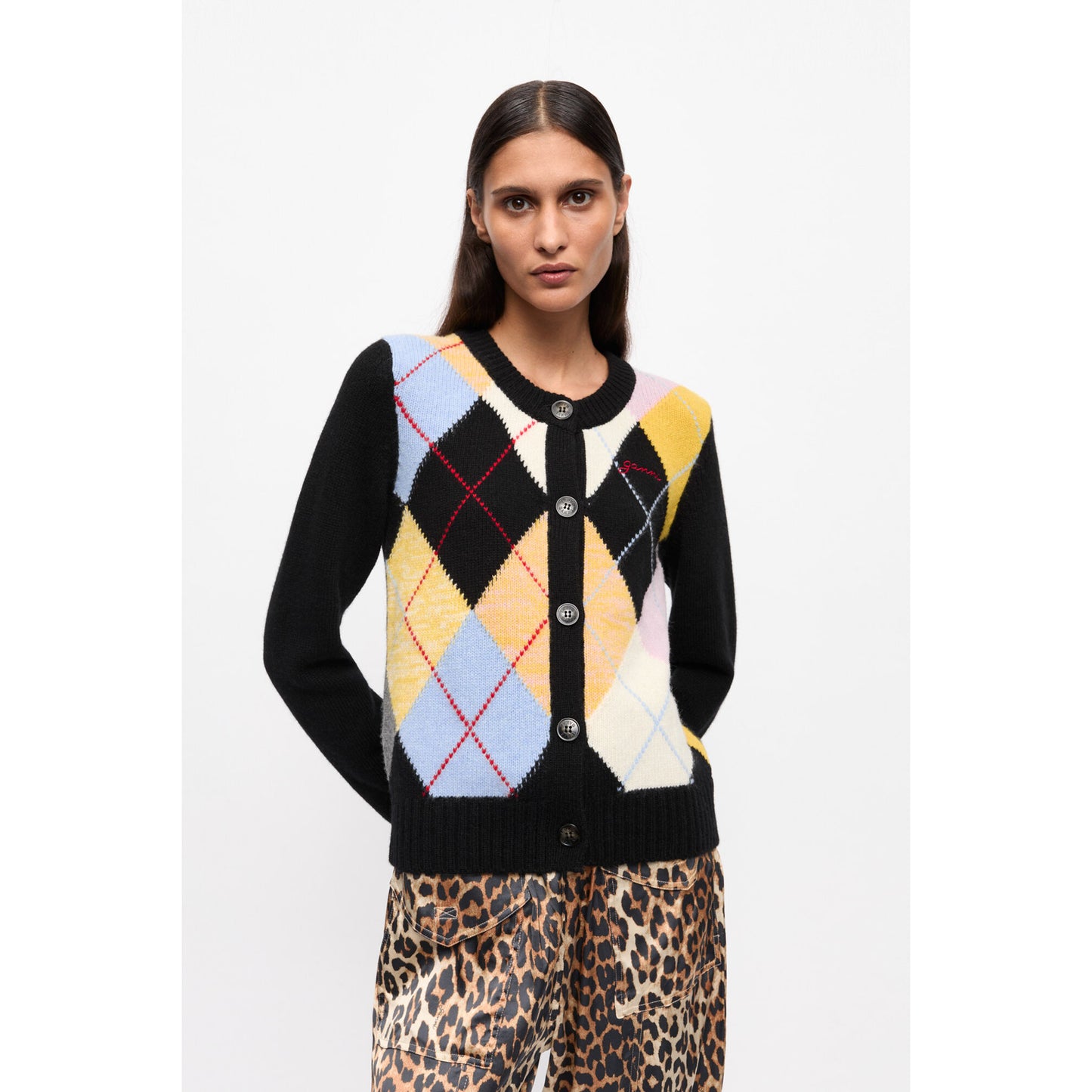 HARLEQUIN WOOL MIX KNIT CARDIGAN / MULTI