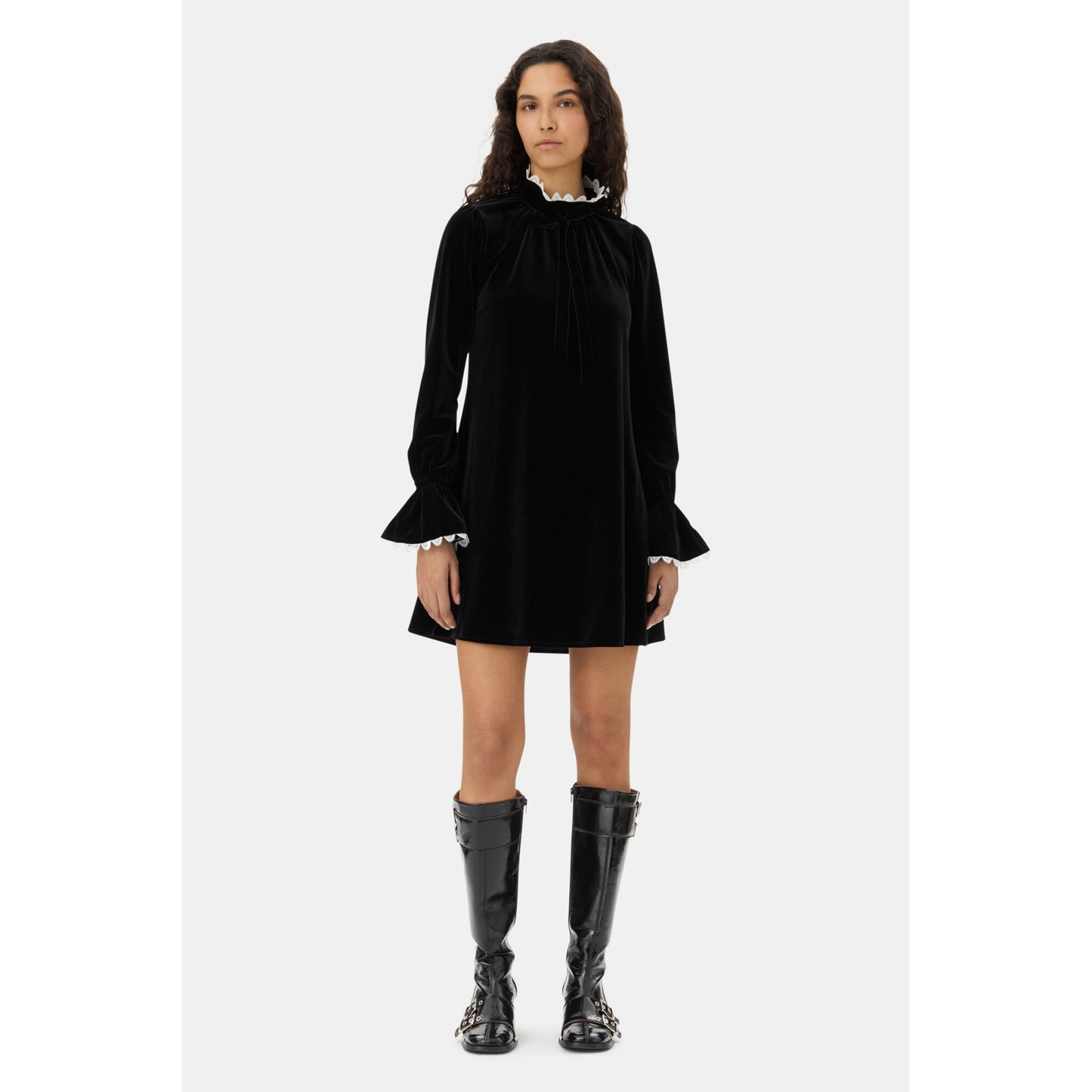 VELVET JERSEY A-LINE MINI DRESS / BLACK