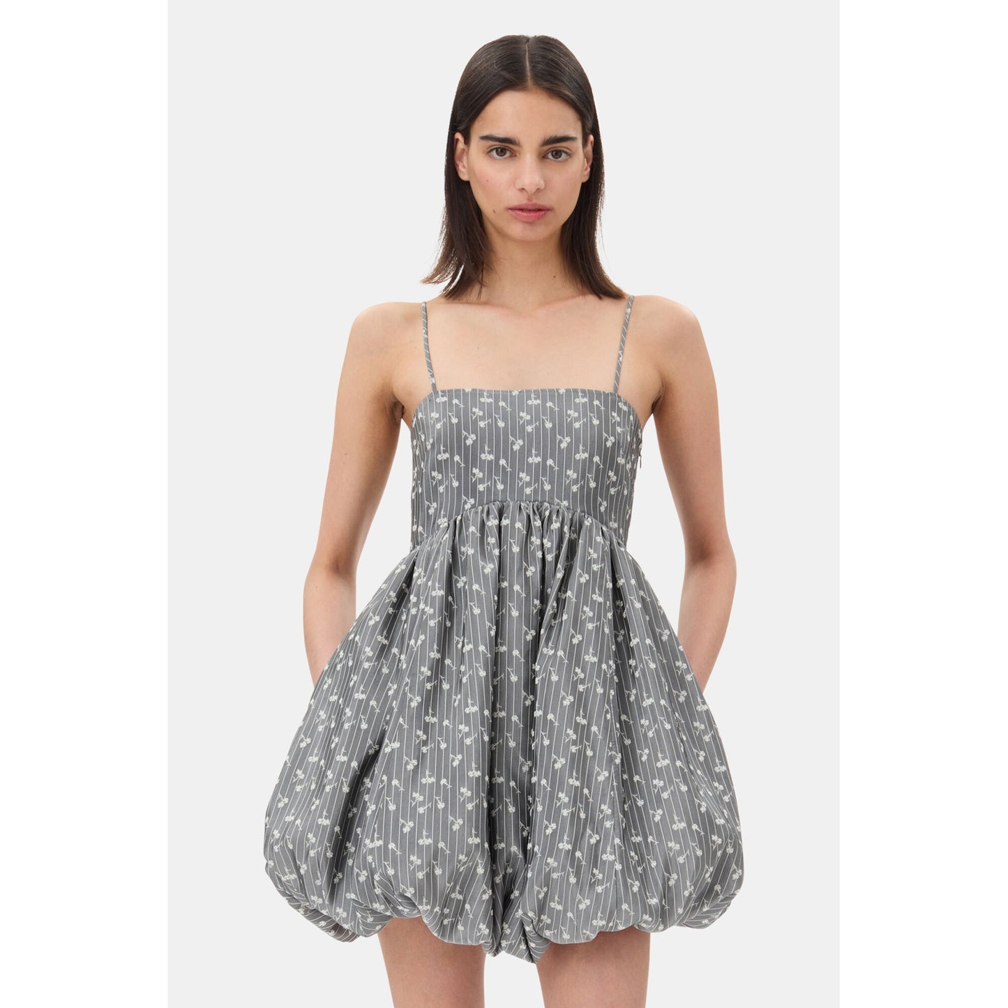 ACETATE JACQUARD STRAP MINI DRESS / SMOKPEARL