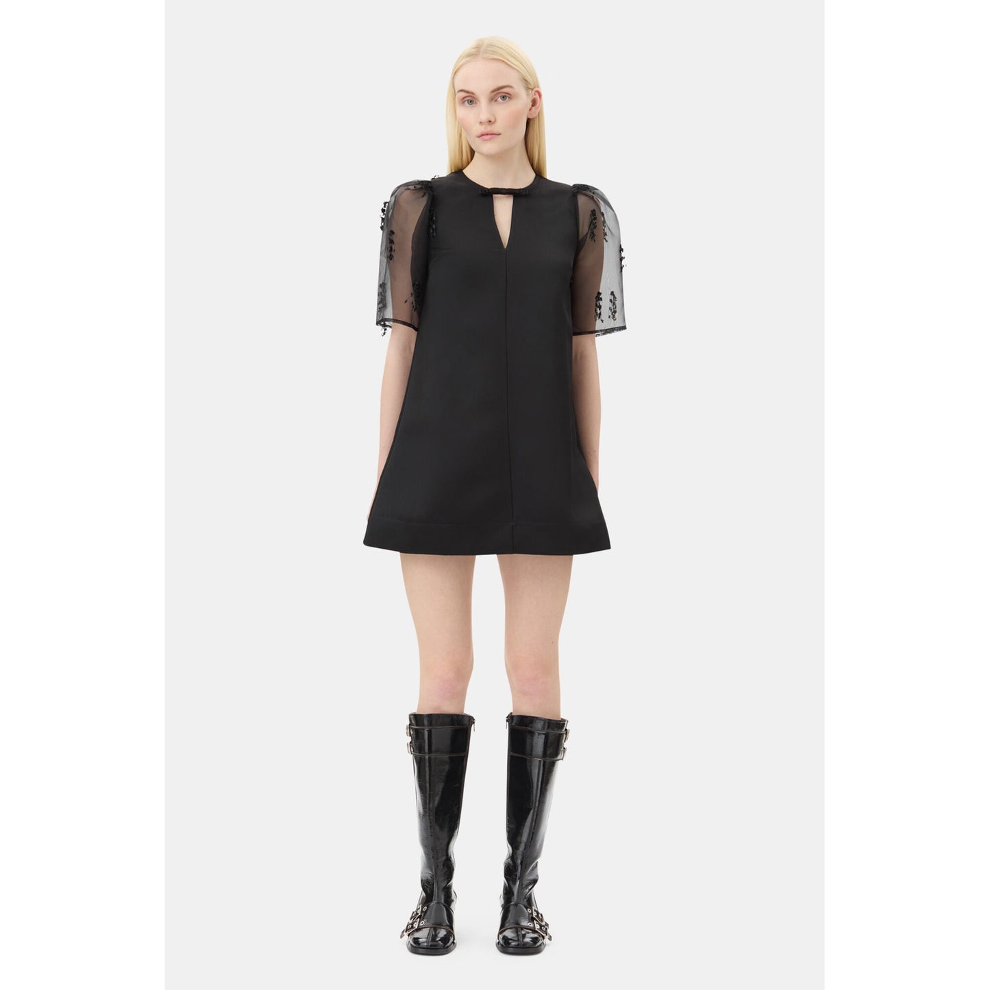 FRINGED ORGANZA MINI DRESS / BLACK