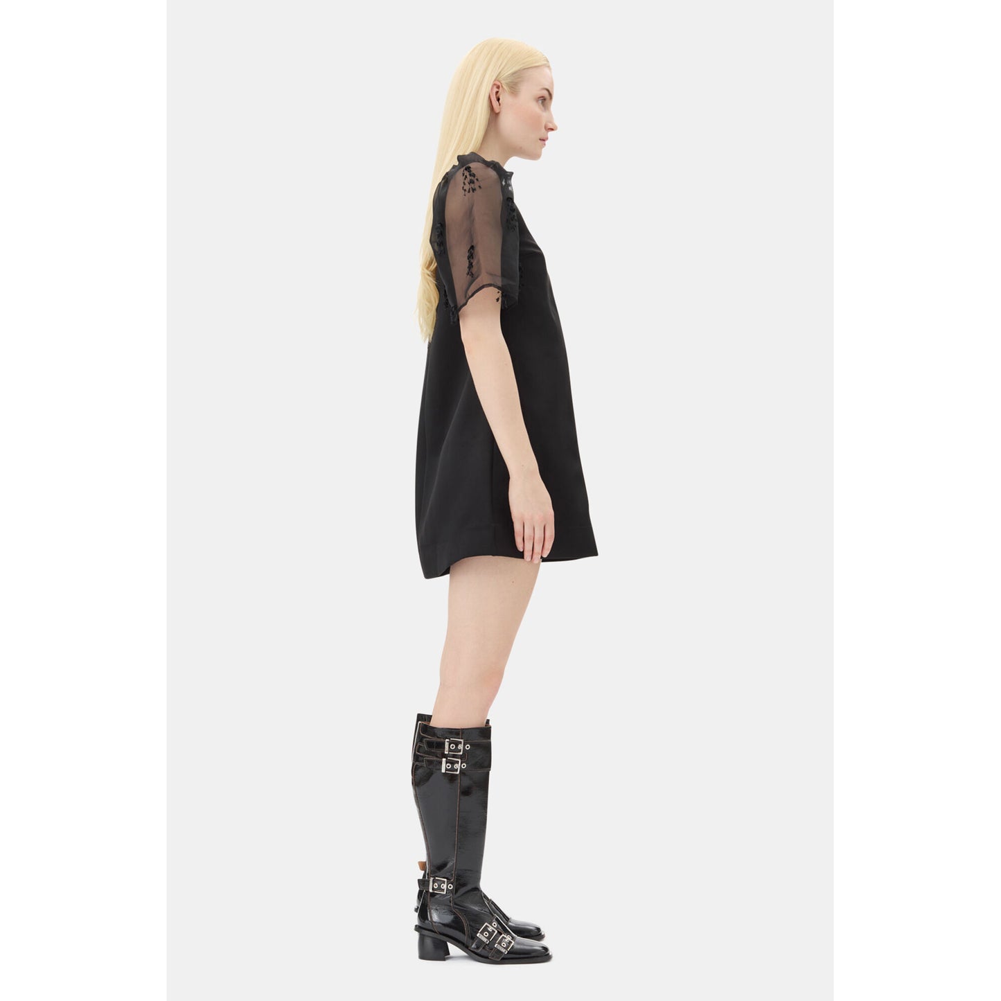 FRINGED ORGANZA MINI DRESS / BLACK