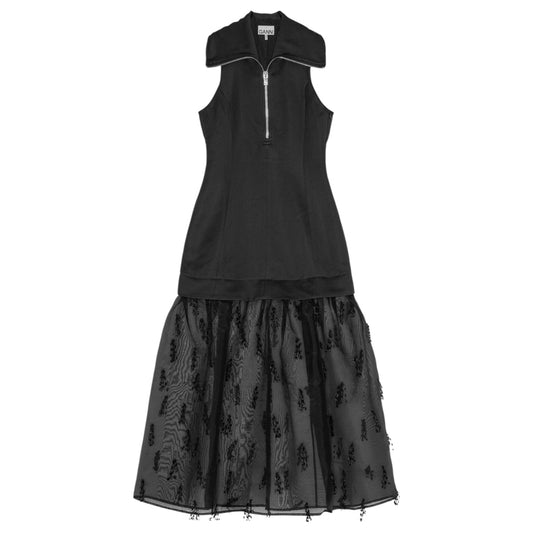 FRINGED ORGANZA LONG DRESS / BLACK