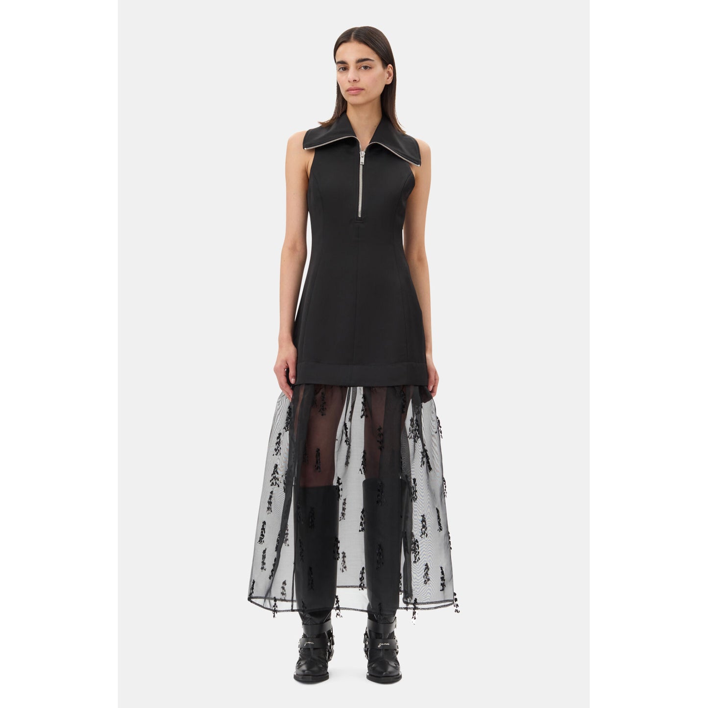 FRINGED ORGANZA LONG DRESS / BLACK