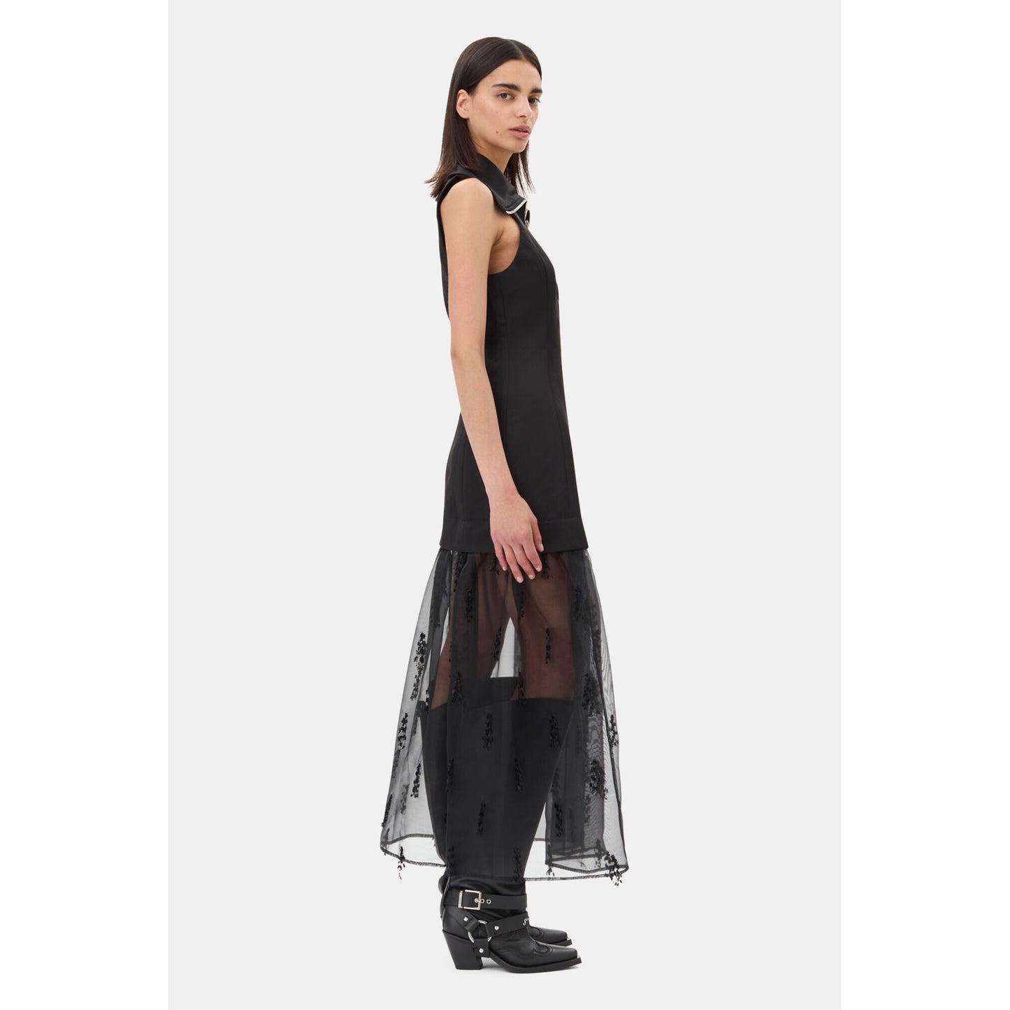 FRINGED ORGANZA LONG DRESS / BLACK