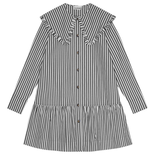 STRIPE COTTON BIG COLLAR MINI SHIRT DRESS / BLACK