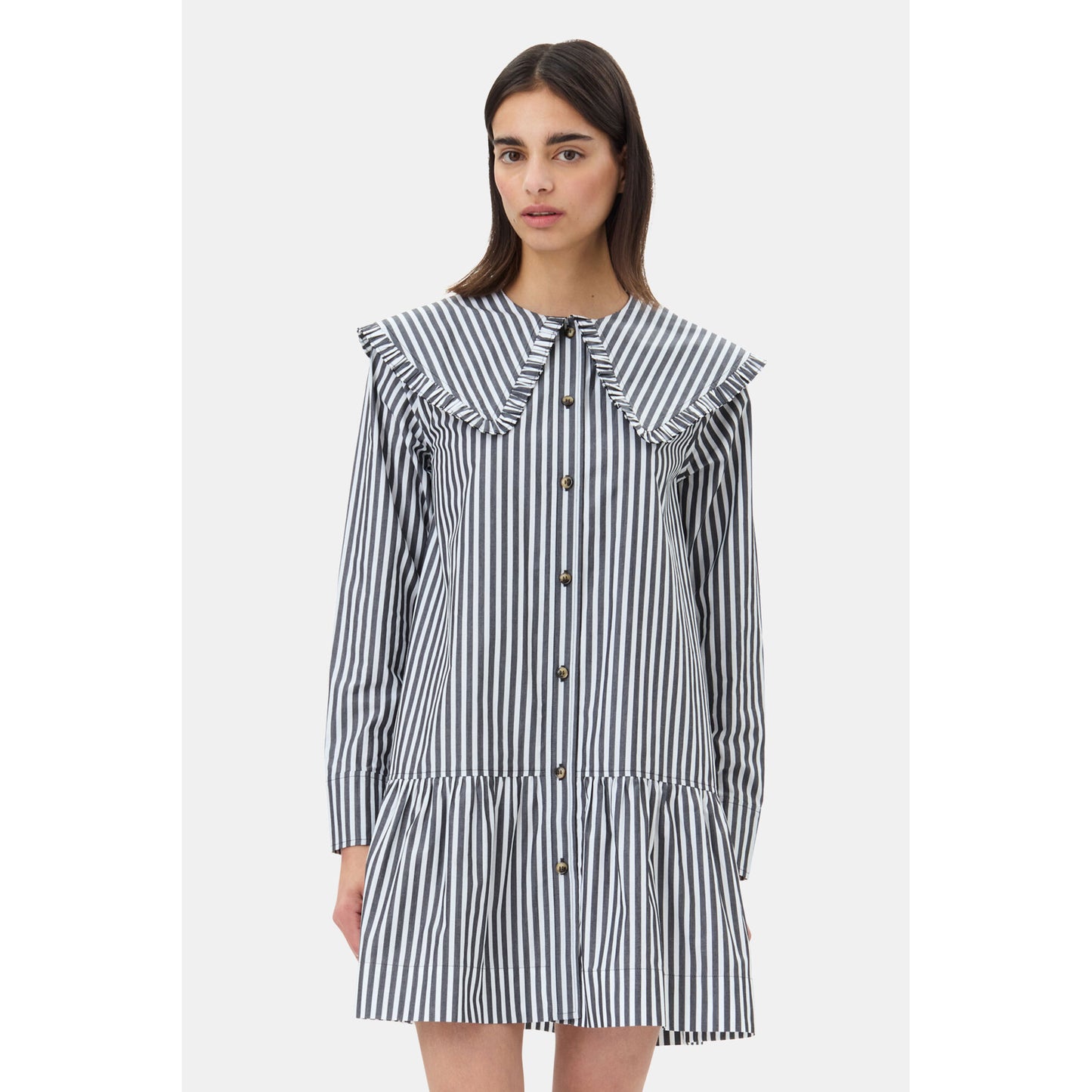 STRIPE COTTON BIG COLLAR MINI SHIRT DRESS / BLACK