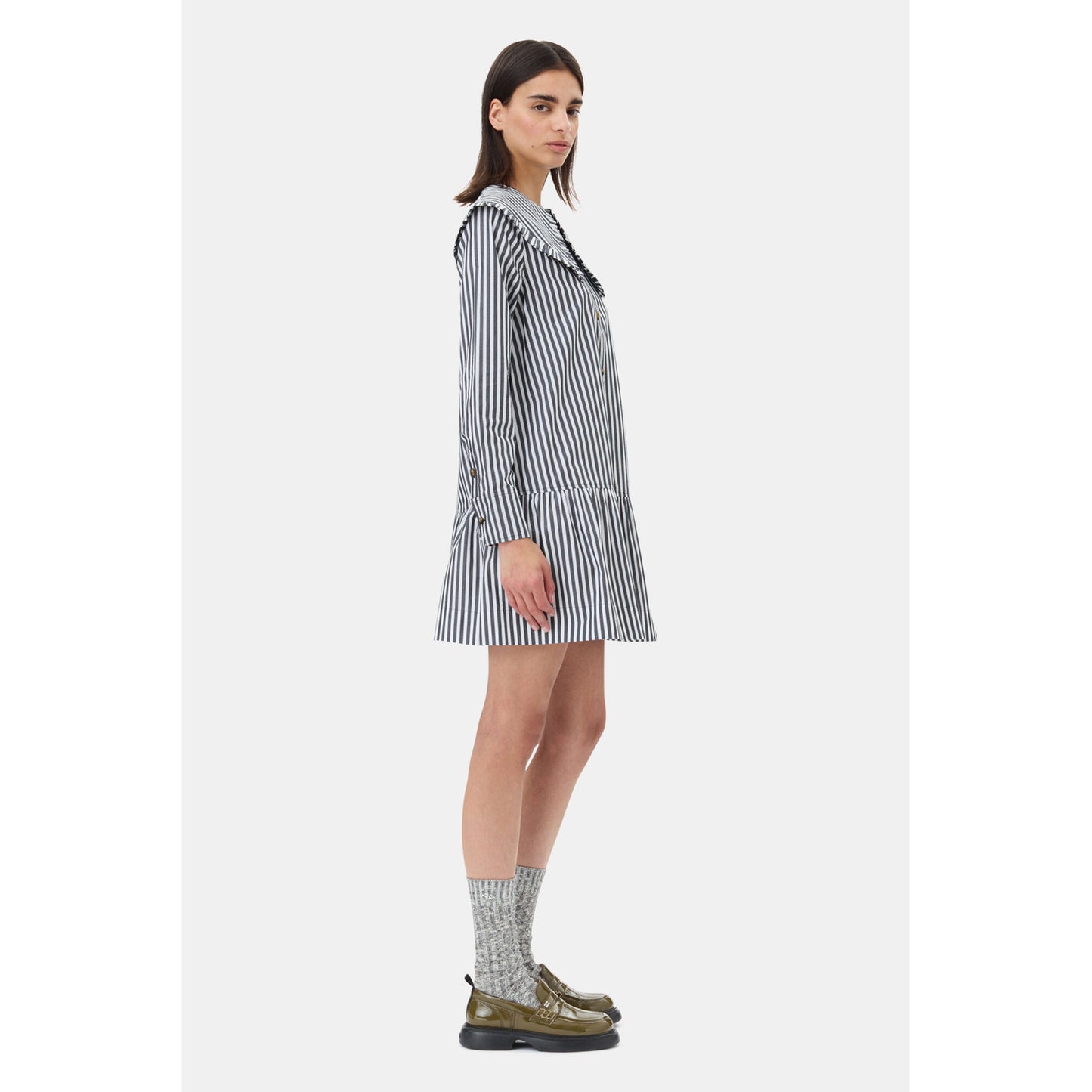 STRIPE COTTON BIG COLLAR MINI SHIRT DRESS / BLACK