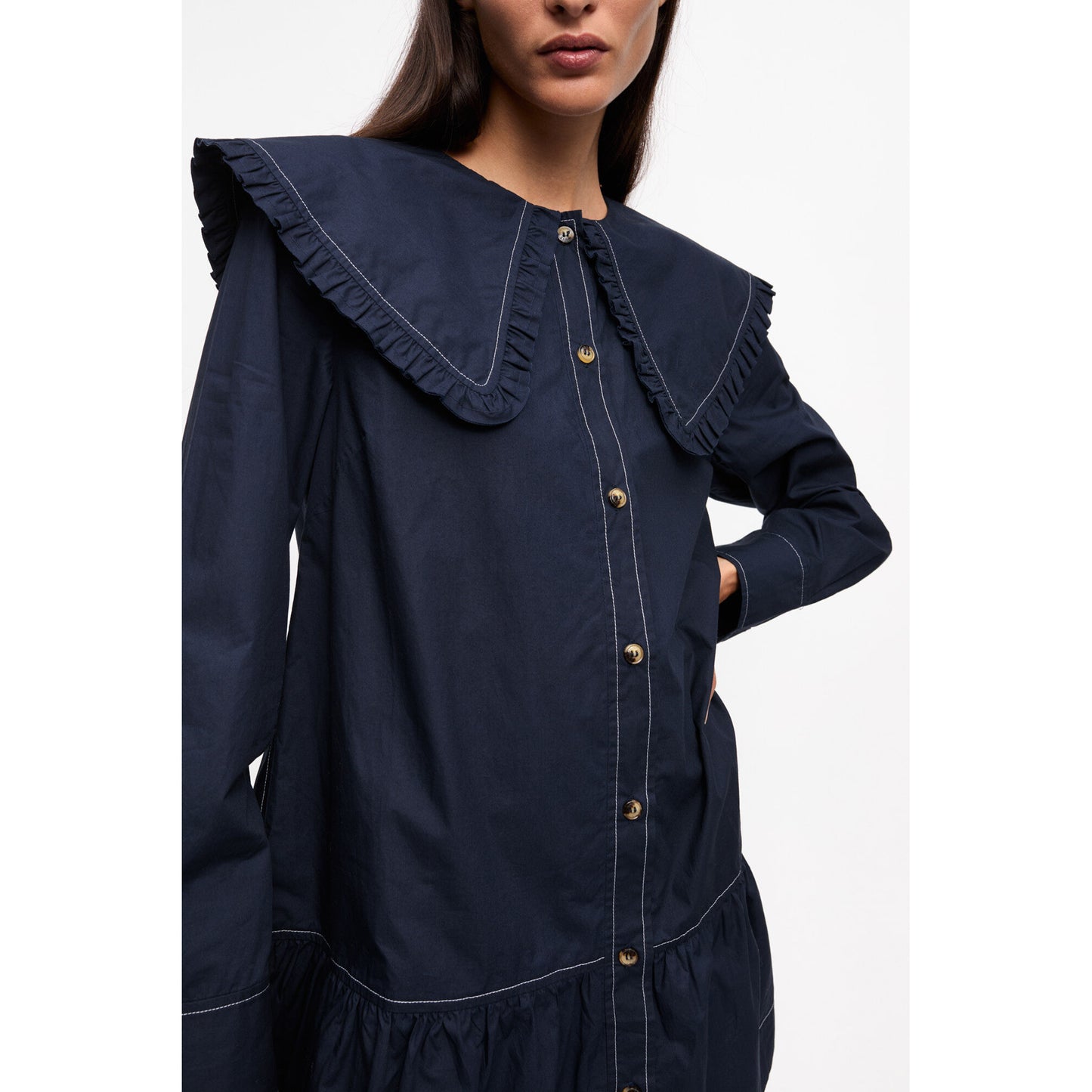 COTTON POPLIN BIG COLLAR MINI SHIRT DRESS / SKYCAPTAIN