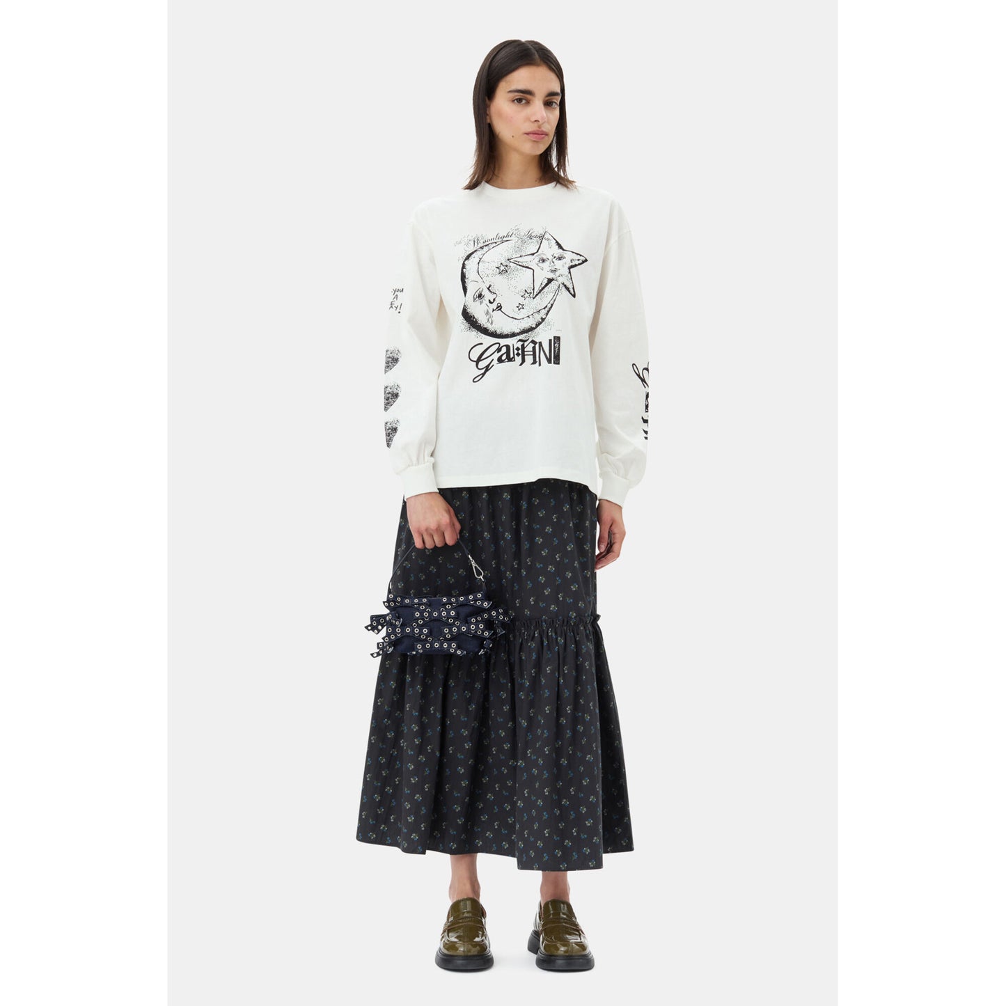 PRINTED COTTON SMOCK MAXI SKIRT / PHANTOM