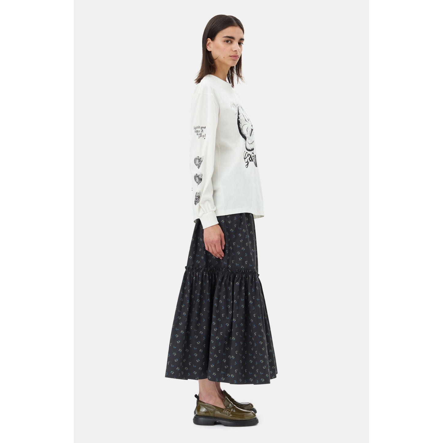 PRINTED COTTON SMOCK MAXI SKIRT / PHANTOM