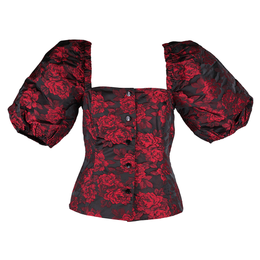 BOTANICAL JACQUARD FITTED BLOUSE / 472:HIGH RISK RED