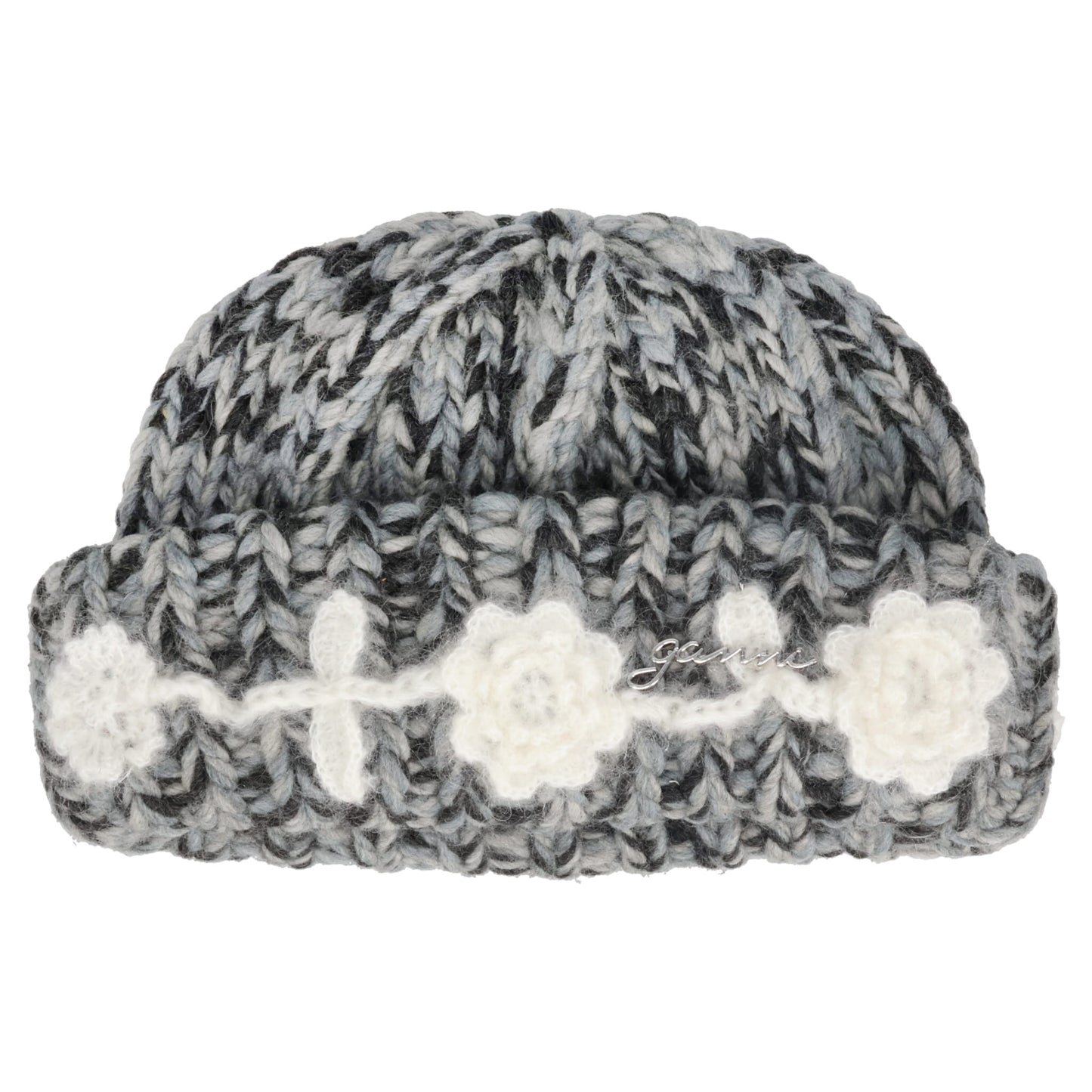 GRAPHIC WOOL HAND KNIT BEANIE FLOWER CROCHET / PHANTOM