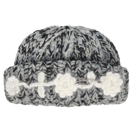 GRAPHIC WOOL HAND KNIT BEANIE FLOWER CROCHET / PHANTOM