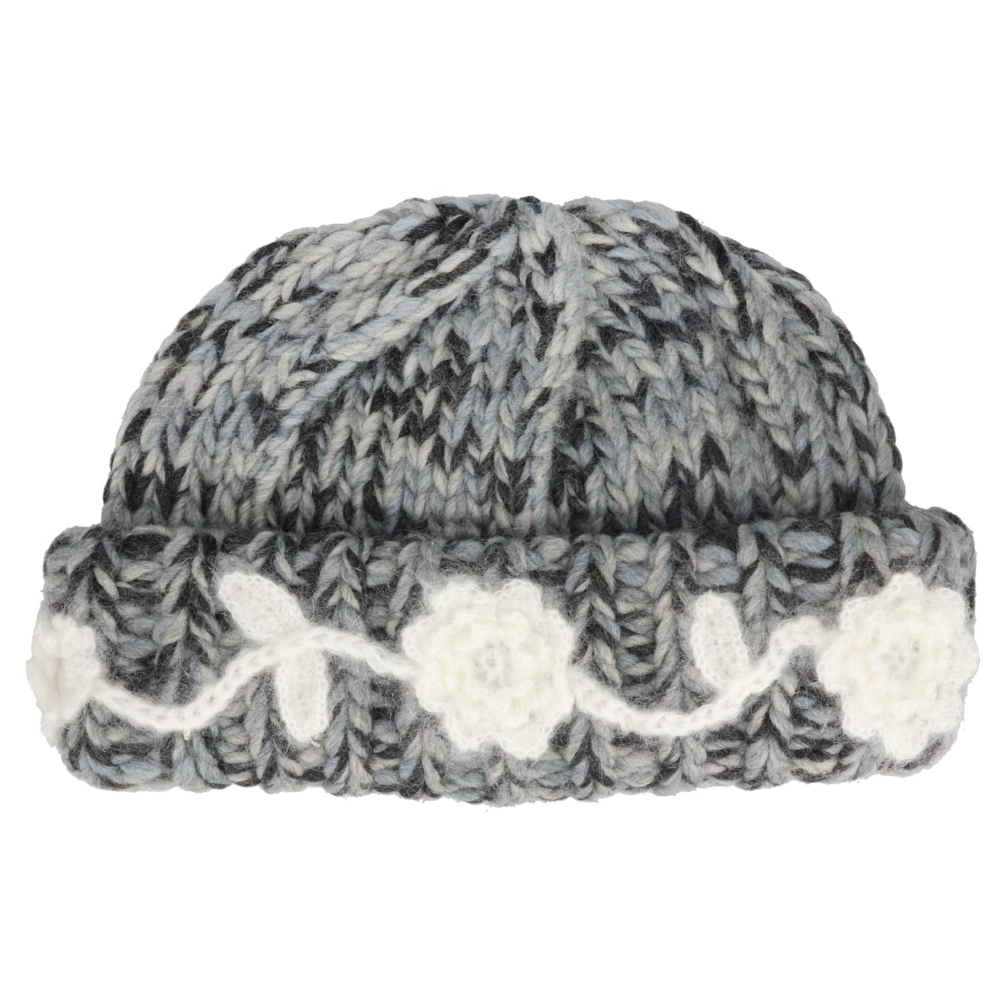 GRAPHIC WOOL HAND KNIT BEANIE FLOWER CROCHET / PHANTOM