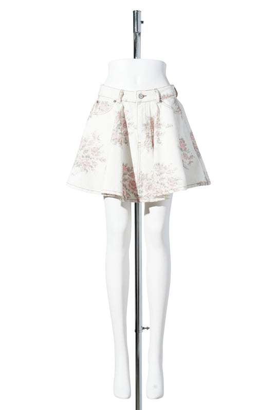 PRINT DENIM MINI SKIRT / EGRET