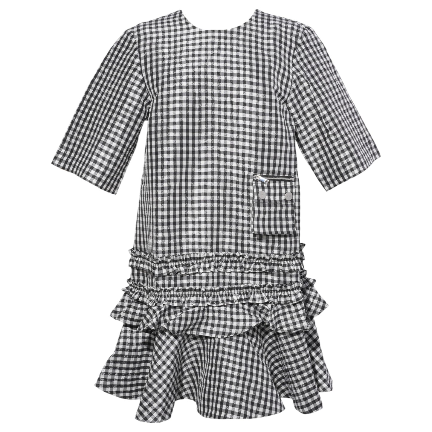 CRINKLED TAFFETA CHECK OPEN BACK MINI DRESS / BLACK