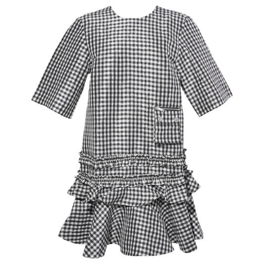 CRINKLED TAFFETA CHECK OPEN BACK MINI DRESS / BLACK