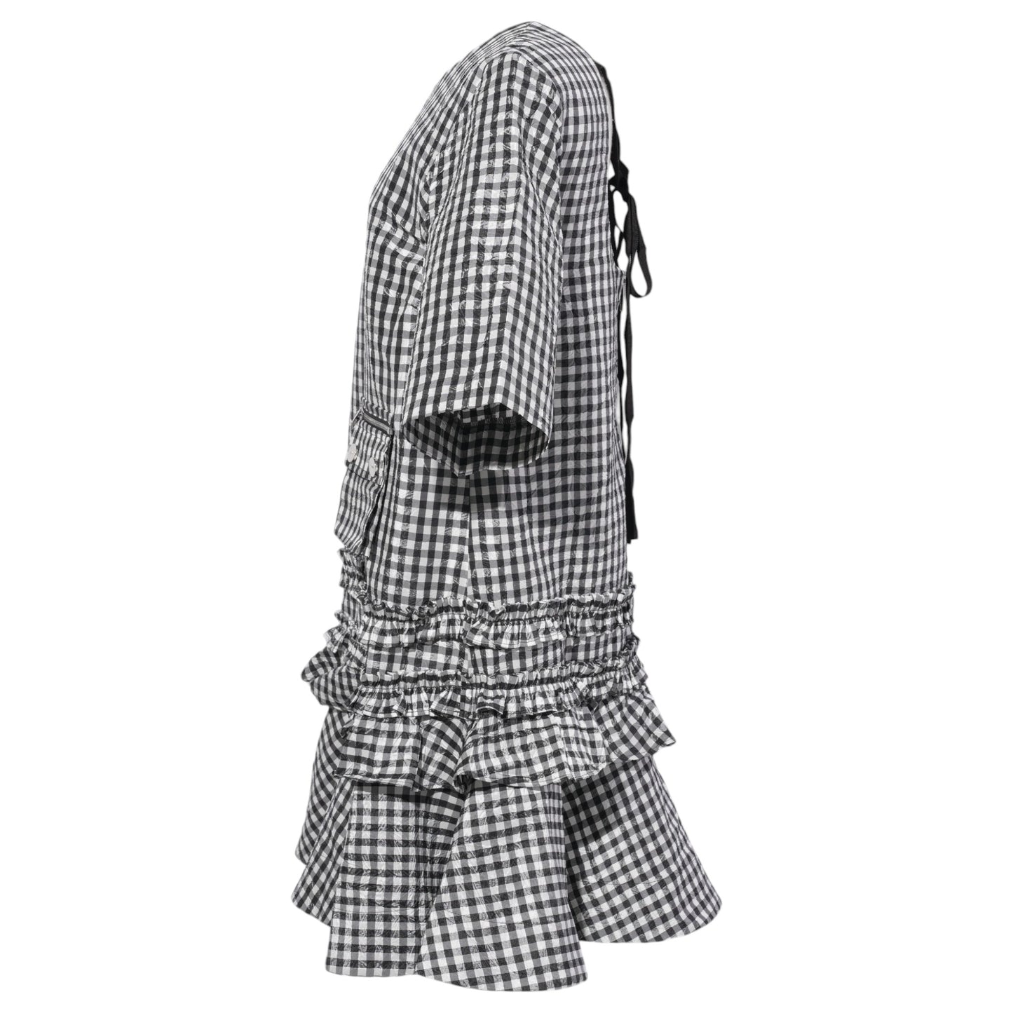 CRINKLED TAFFETA CHECK OPEN BACK MINI DRESS / BLACK