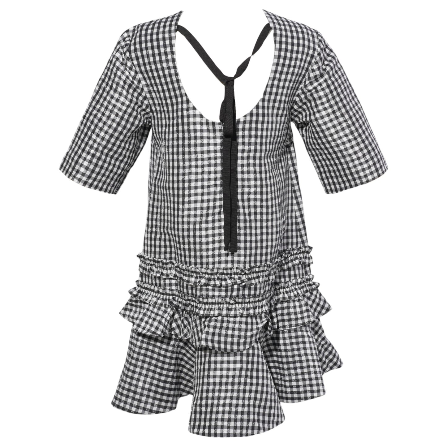 CRINKLED TAFFETA CHECK OPEN BACK MINI DRESS / BLACK