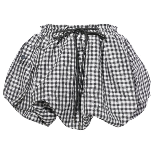 CRINKLED TAFFETA CHECK MINI BUBBLE SKIRT / BLACK