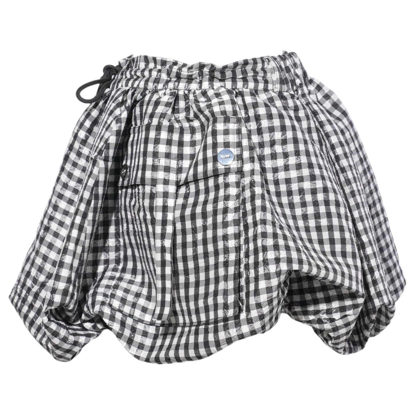 CRINKLED TAFFETA CHECK MINI BUBBLE SKIRT / BLACK