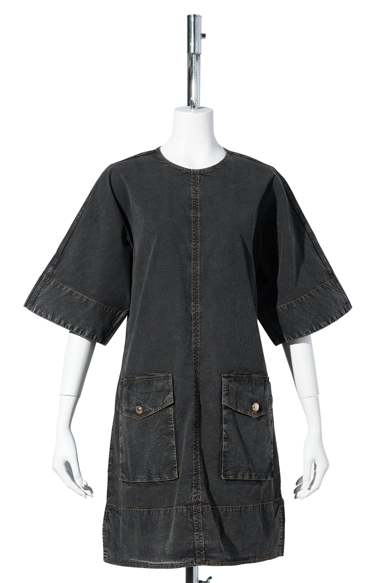 WASHED STRETCH COTTON BOXY KIMONO MINI DRESS / BLACK