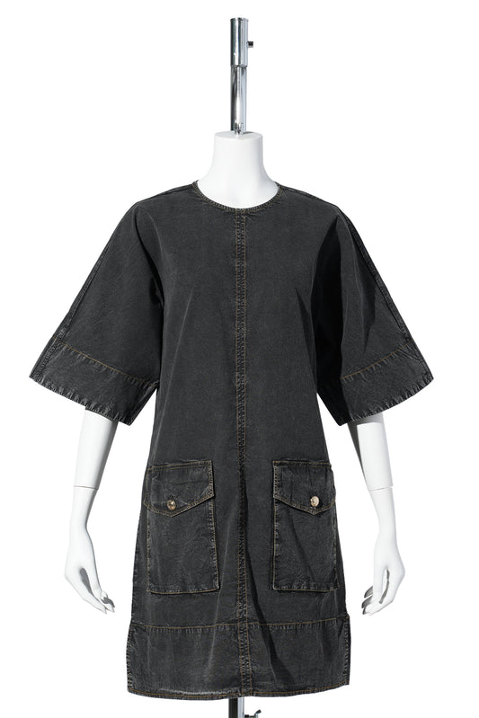 WASHED STRETCH COTTON BOXY KIMONO MINI DRESS / BLACK