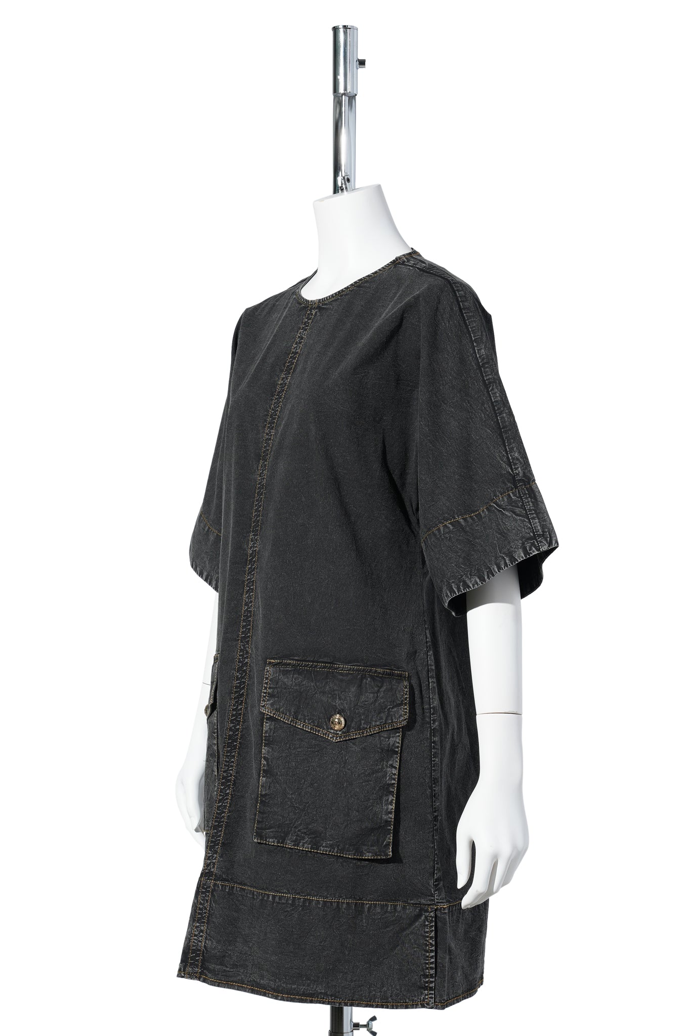 WASHED STRETCH COTTON BOXY KIMONO MINI DRESS / BLACK