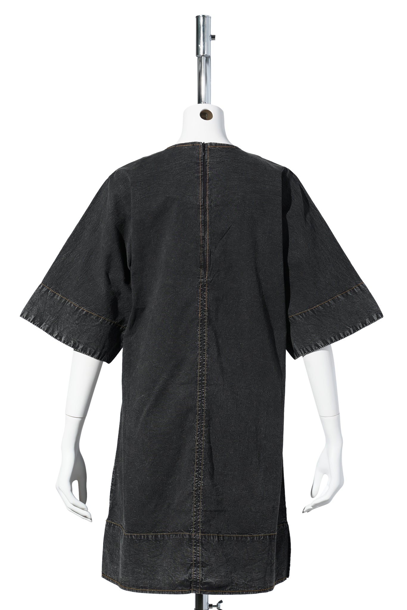 WASHED STRETCH COTTON BOXY KIMONO MINI DRESS / BLACK