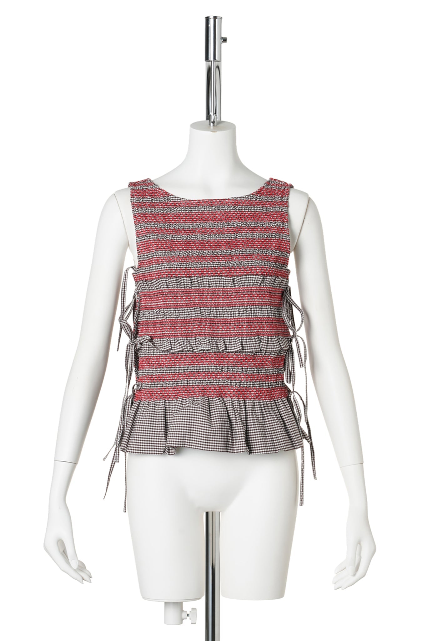 CHECK COTTON SMOCKED TIE STRING TOP / CHICORY COFFEE