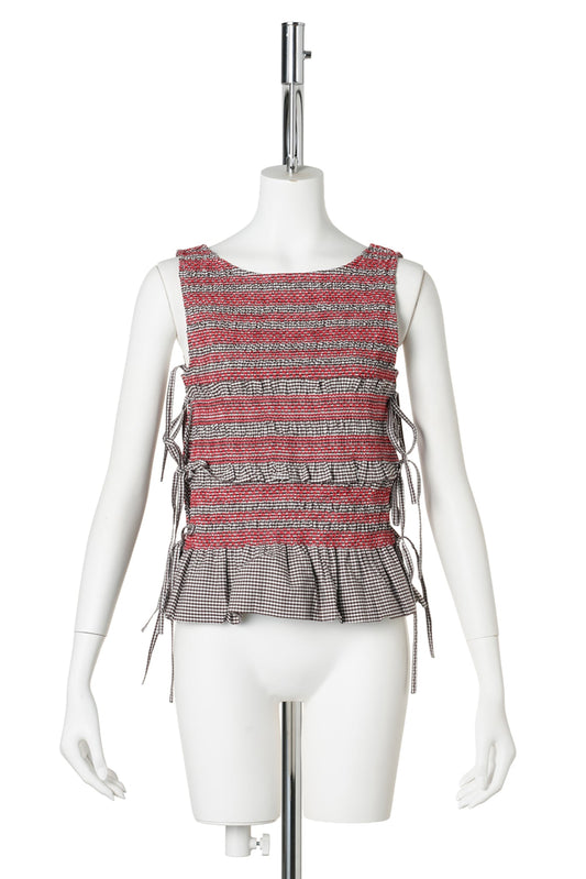 CHECK COTTON SMOCKED TIE STRING TOP / CHICORY COFFEE