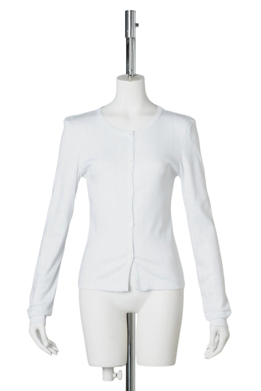 COMPACT POINTELLE RIB JERSEY LS BUTTON TOP / BRIGHT WHITE