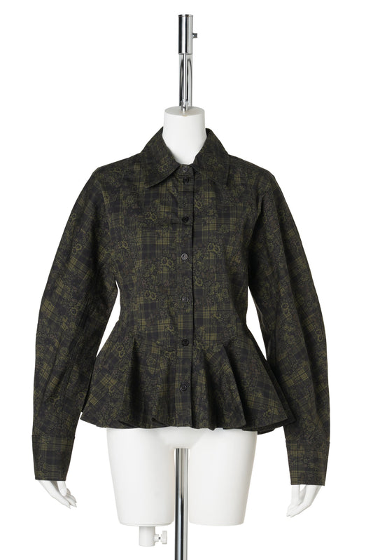 PRINTED STRETCHCOTTON PEPLUM SHIRT / GOTHICOLIVE
